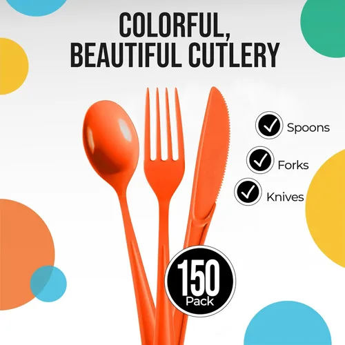 Miniatura 2 de Party Solids Cubiertos de plástico naranja resistentes, 150 piezas, color naranja, desechables, juegos de utensilios, 50 de cada tenedor, cuchillos