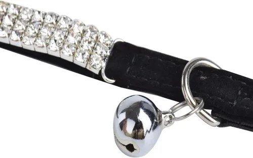 Miniatura 6 de Collar ajustable seguro para gatos CHUKCHI de terciopelo suave Adorno ostentoso de diamante con campanas de 11 pulgadas para perros pequeños y Negro
