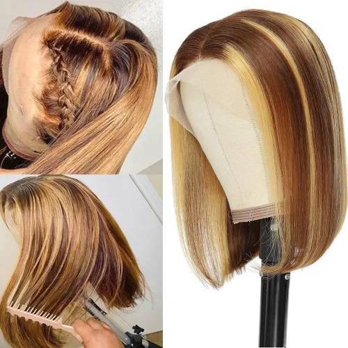 Miniatura 34 de Peluca de cabello humano lacio marrón con reflejos de 13 x 4, peluca frontal de encaje transparente #4, peluca corta Bob para mujeres negras