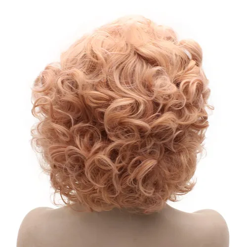 Miniatura 6 de MX angel Pelo sintético rizado corto de la fibra de la peluca rosa del frente del cordón del pelo sintético