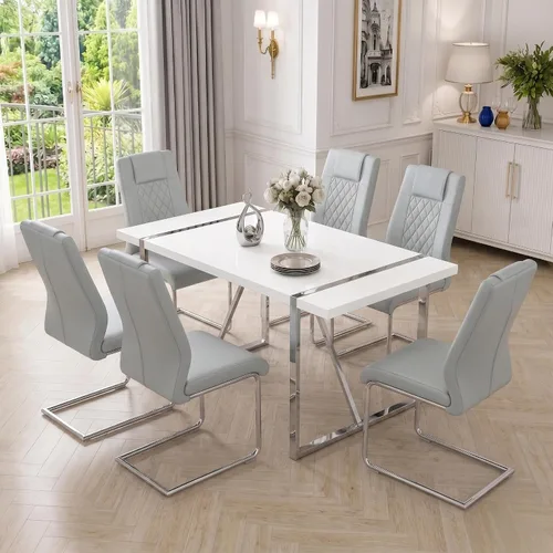 Miniatura 30 de Juego de mesa de comedor moderna de 55 pulgadas para 4, mesa de comedor negra y marco de metal dorado, mesa de comedor rectangular con 4 sillas