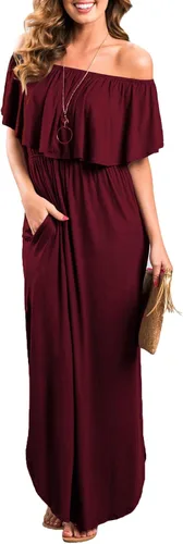 Sarin Mathews - Vestido de fiesta para mujer, estilo casual largo hasta los tobillos, con volantes, hombros descubiertos, abertura lateral y