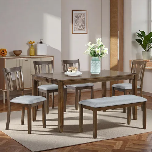 Miniatura 11 de Juego de mesa de comedor de 6 piezas para 4-6 personas, juego de cocina con 4 sillas tapizadas y un banco, sillas de sala de estar con respaldo