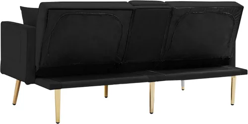 Miniatura 7 de Moderno sofá cama biplaza de terciopelo con 2 bolsillos, sofá cama convertible tapizado con respaldo múltiple ajustable, futón con patas doradas