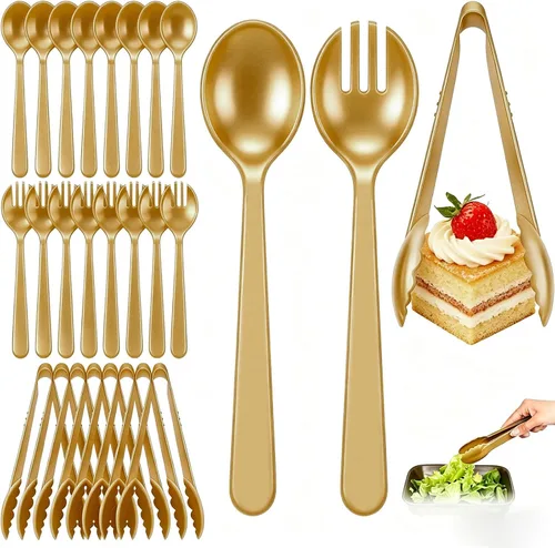 Miniatura 12 de Juego de 24 utensilios de plástico beige para servir, cucharas, tenedores y pinzas desechables resistentes (8 de cada uno), suministros de catering