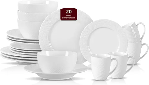 Miniatura 21 de HomeVss, nuevo juego de vajilla de porcelana de hueso, diseño de loto en relieve, juego de 20 piezas