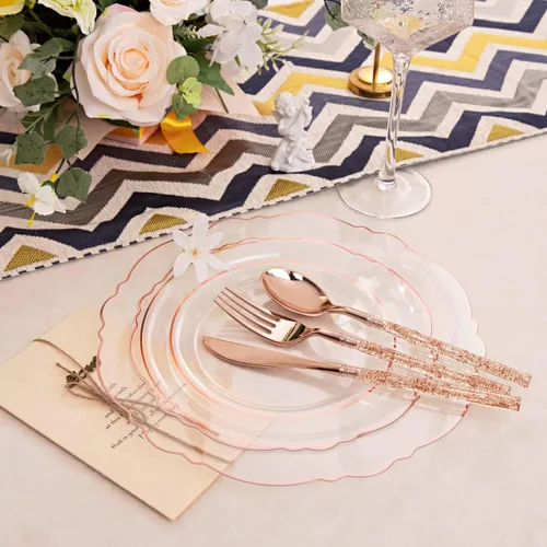 Miniatura 9 de Liacere 150 platos de plástico color oro rosa, platos desechables de oro rosa transparente con mango de bambú con purpurina, 60 platos barrocos