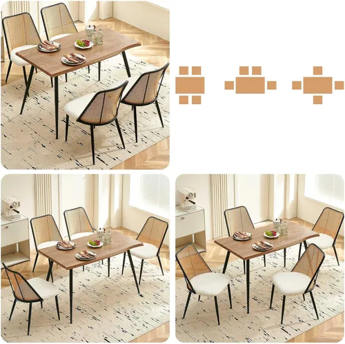 Miniatura 6 de NORDICANA Dining Table Set for 4, Kitchen Table and 4 Chairs, 5 Pieces Dinette Wood Table with Beige Boucle Chiars, Rattan Backrest