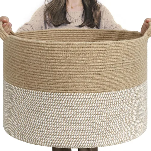 Miniatura 15 de INDRESSME Cesta de Cuerda de Algodón XXXLarge 21.7" x 21.7" x 13.8" Cestas Tejidas para Ropa de Bebé Cestas de Mantas Cesta de Juguetes con Textura