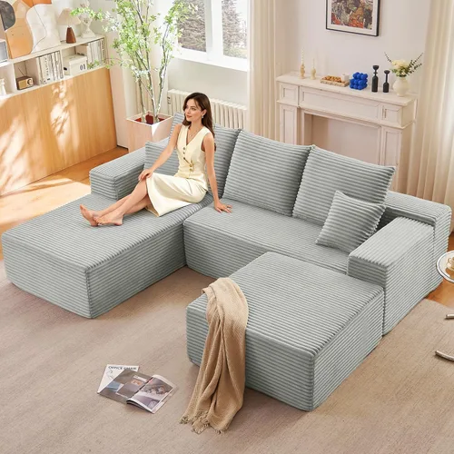 Miniatura 37 de Sofá modular de 95 pulgadas con otomana, moderno sofá nube de pana con asiento profundo, sofá sin hueso tapizado de 3 plazas en forma de U para sala
