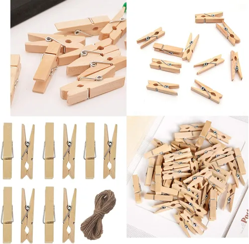 Miniatura 4 de Alfileres de madera para ropa, 100 piezas de color madera de 1.3 pulgadas (1.4 in) pequeños clips de madera con cordel de yute de 33 pies para clips