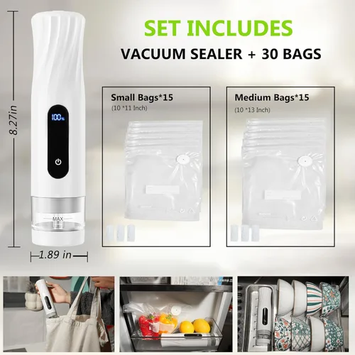 Miniatura 4 de Sellador al vacío compacto para almacenamiento de alimentos: sellador portátil de alimentos de mano, succión de 80 kPa, batería de 1800 mAh, 30