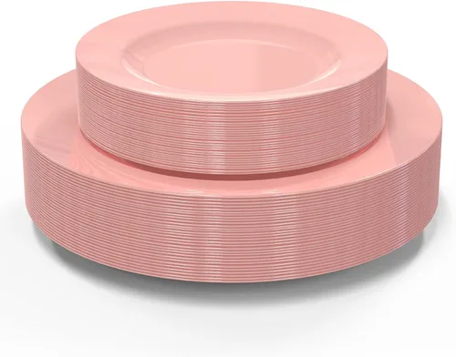 POSATE Platos de plástico desechables, 60 unidades, 30 platos llanos resistentes de 10.25 pulgadas y 30 platos de postre de 7.5 pulgadas para Rosa