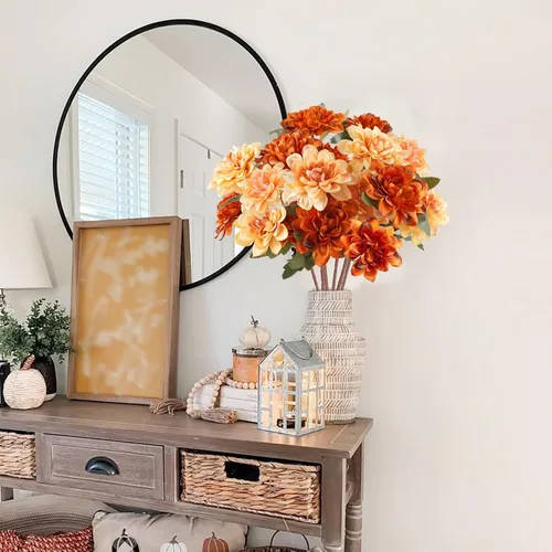 Miniatura 5 de 6 flores artificiales de otoño, 18 cabezas de seda, flores falsas de crisantemo naranja para el hogar, chimenea, mesa, centros de mesa, arreglos