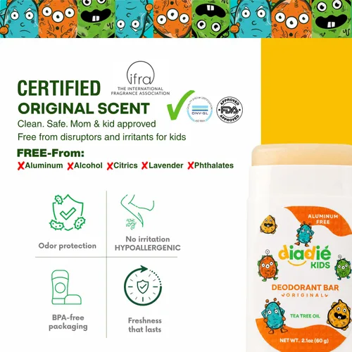 Miniatura 5 de Diadié Desodorante natural para niños y niñas, sin aluminio, seguro, en barra, 2.1 onzas, 1 paquete