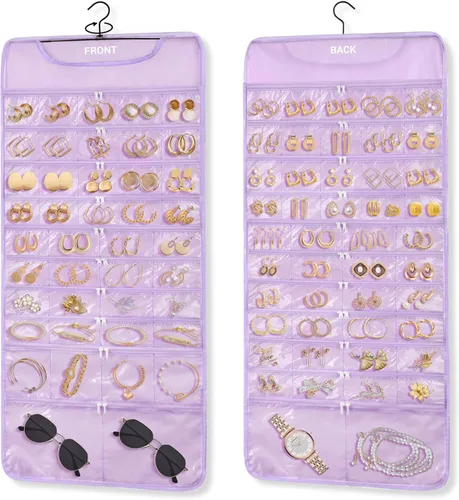 Miniatura 9 de FOREGOER Organizador de joyas colgante de doble cara, 43 bolsillos, organizador grande de accesorios para collares, aretes, (negro)