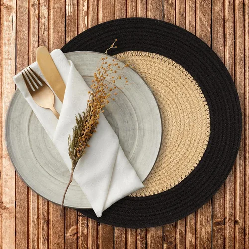 Miniatura 2 de Juego de 12 manteles individuales de comedor con cordón de yute natural y negro