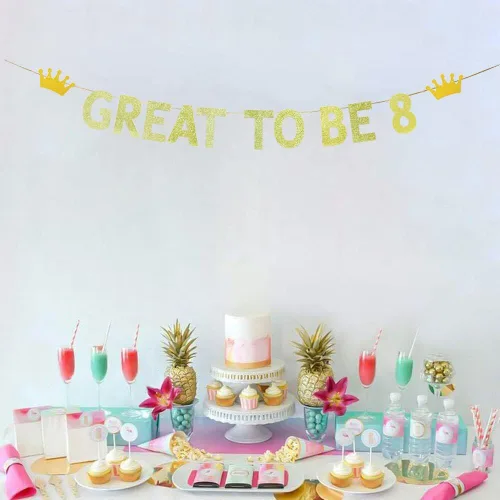 Miniatura 2 de TENNYCHAOR Cartel ideal para ser 8, decoración de fiesta de cumpleaños número 8 con purpurina dorada, suministros de decoración de fiesta de 8