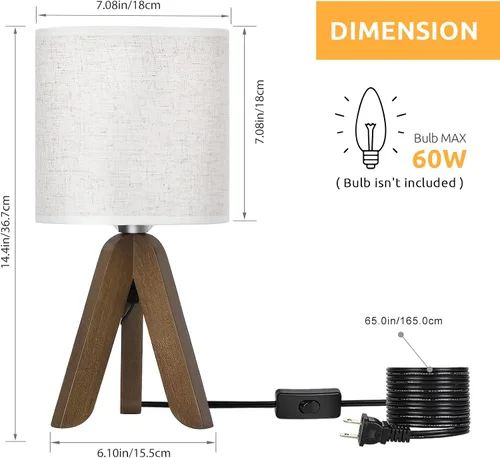 Miniatura 3 de HAITRAL Lámpara de Mesa de Trípode de Madera con Base Marrón, Pequeña Lámpara de Mesa Lámpara de Mesita de Noche con Pantalla de Tela de Lino