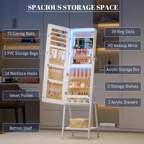 Miniatura 6 de LVSOMT Armario con espejo LED RGB para joyería, organizador de joyas de pie, espejo de cuerpo entero con almacenamiento de joyas, espejo de piso