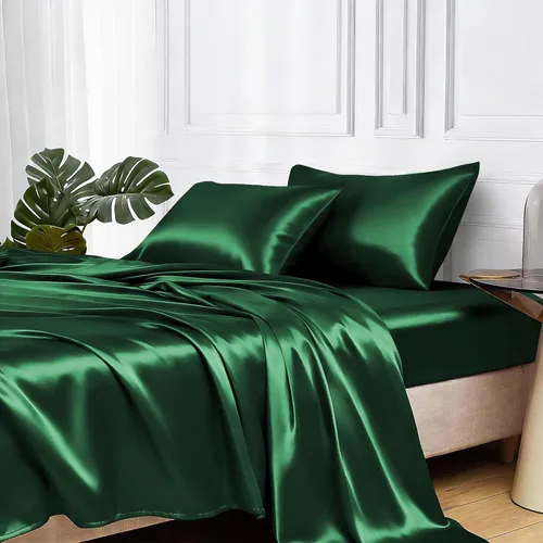 Miniatura 27 de MR&HM Sábanas de satén para cama de tamaño King, juego de 4 piezas de ropa de cama sedosa con bolsillo profundo de 15 pulgadas para colchón