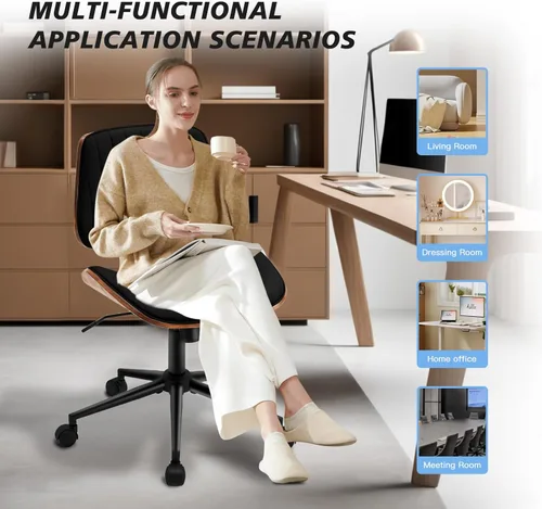 Miniatura 7 de Silla de escritorio sin brazos con ruedas giratorias de 360°, silla de computadora ergonómica de altura ajustable para oficina en casa, piel Negro