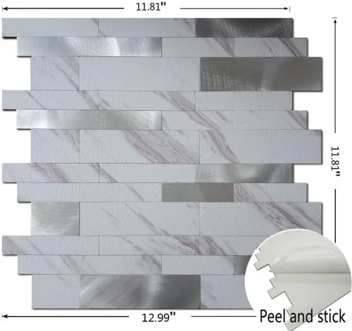 Miniatura 2 de XUANINY 10 hojas de azulejos metálicos despegar y pegar para protector contra salpicaduras, autoadhesivos de aluminio 3D, adhesivos de pared