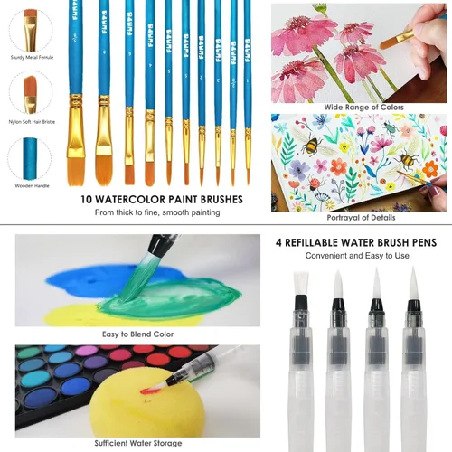 Miniatura 4 de Funto Juego de acuarela, juego de pintura de 48 colores, 10 pinceles, 30 páginas (9 x 12 pulgadas), 4 bolígrafos recargables y más, kit de pintura
