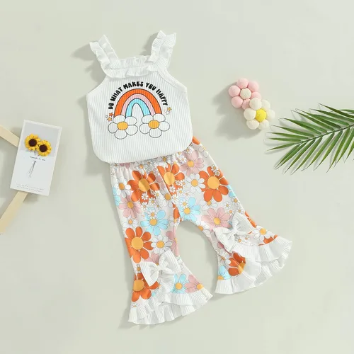 Miniatura 2 de BULINGNA Conjunto de dos piezas de verano para bebé niña sin mangas con estampado de arco iris + pantalones cortos florales de PPpantalones
