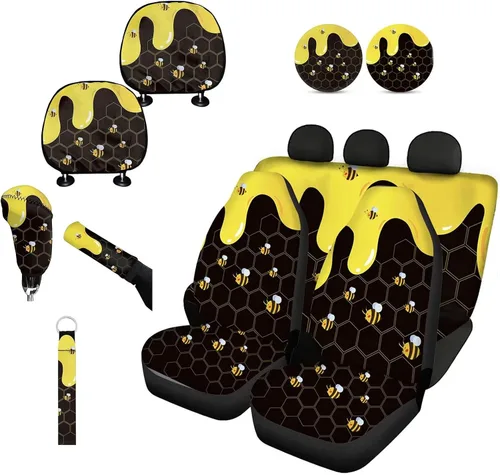 Forchrinse Bee - Juego de fundas para asiento delantero y trasero con funda para palanca de cambios de freno de mano, funda para reposacabezas,