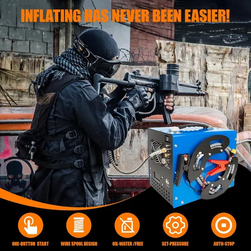 Miniatura 2 de Compresor de aire PCP, 4500Psi/30Mpa, motor de 350 W, diseño portátil único vertical+carrete de alambre, parada automática, sin aceite/agua