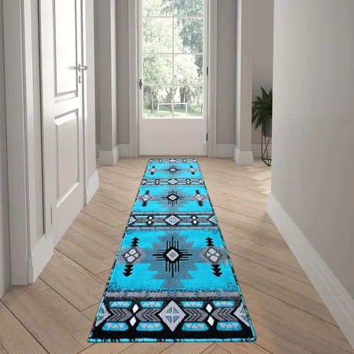 Miniatura 7 de EMMA + OLIVER Alfombra decorativa de olefina de felpa, patrón geométrico abstracto, tonos grises degradados con detalles azules vibrantes, 2 x 3