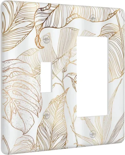 Miniatura 125 de Placa de pared decorativa con hojas de palmera tropicales de oro blanco, hoja de plátano, doble interruptor de luz de palanca decorativa, placa