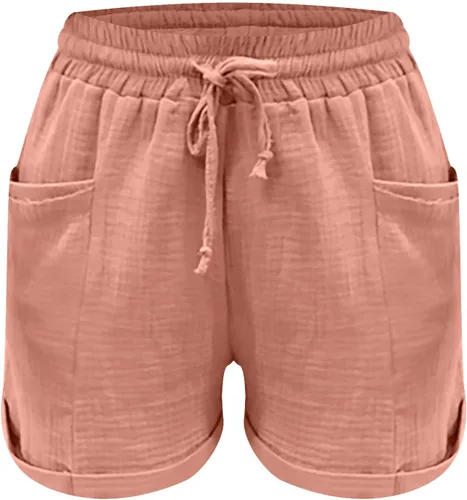Miniatura 2 de PANOEGSN Pantalones cortos casuales de lino y algodón para mujer, con cordón, cómodos, cintura elástica, dobladillo enrollado, con bolsillos