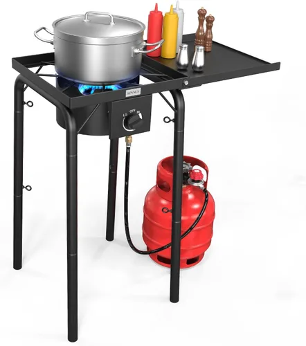 Estufa de gas de una sola hornilla ROVSUN con estante lateral, estufa portátil de propano de 100,000 BTU con pata extraíble y regulador para