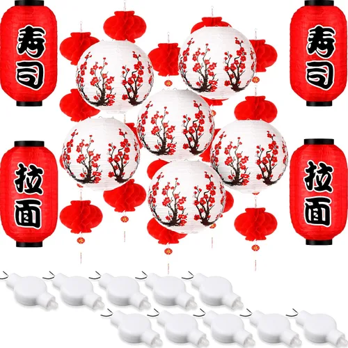 Miniatura 9 de Tuanse 40 linternas de papel japonesas chinas decorativas LED con flor de cerezo rojo chino para interiores y exteriores (rojo, rosa)