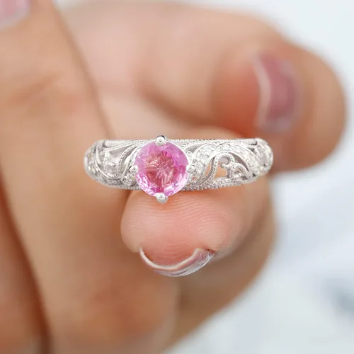 Miniatura 4 de Anillo de compromiso redondo de zafiro rosa cultivado en laboratorio certificado con diamante Calidad AAAA Anillo de estilo vintage para mujer