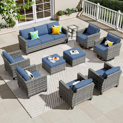 Miniatura 26 de ovios Juego de muebles de patio de 8 piezas, sofá de mimbre para exteriores con sillas giratorias, mecedora con cojines cómodos, juego de Beige