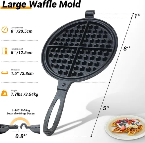 Miniatura 2 de Plancha para gofres profesional de hierro fundido de 8 pulgadas para encimera Cuerpo engrosado de 8 libras, calentamiento rápido, superficie