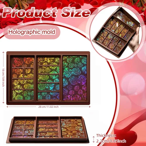 Miniatura 2 de Ziliny Molde holográfico de barra de chocolate rosa de silicona, barra de chocolate con efecto de luz arco iris, moldes profundos y gruesos