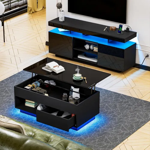 Miniatura 13 de HOMMPA - Mesa de café con tapa elevable de 40" con almacenamiento, mesa de centro LED moderna de alto brillo para sala de estar, mesa de té moderna