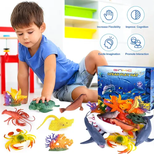 Miniatura 8 de GINMIC Juguetes de animales del océano para niños con alfombra de juego grande, paquete de 18 juguetes de animales marinos realistas surtidos