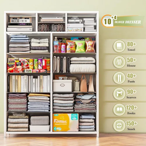 Miniatura 4 de EnHomee Cómodas blancas para dormitorio con 14 cajones de almacenamiento, cómodas y organizador de cajones de almacenamiento, marco de metal Blanco