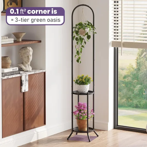 Miniatura 4 de Soporte de metal para plantas de 2 niveles con gancho para colgar para plantas de interior y exterior, estante de exhibición de acero resistente