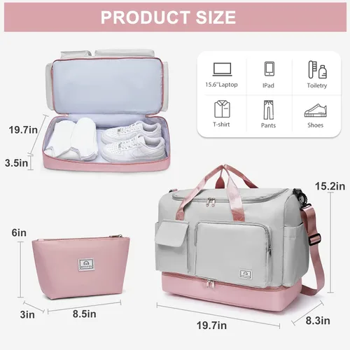 Miniatura 307 de Pequeña bolsa de gimnasio para mujer, bolsa de viaje con compartimento para zapatos