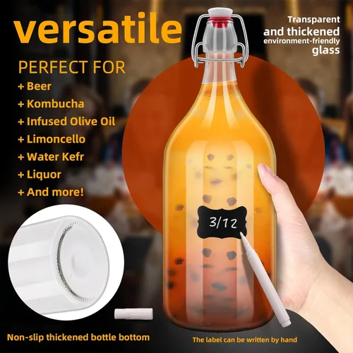 Miniatura 3 de Botella de vidrio abatible de 64 onzas con tapa abatible de 2 litros con tapón para bebidas, aceite, vinagre, kombucha, cerveza, agua, refrescos