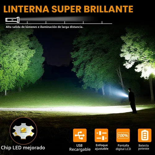Miniatura 2 de Paquete de 3 linternas recargables de alto lúmenes 9900FL, linterna LED recargable con pantalla digital LCD, 5 modos de luz de flash ajustable