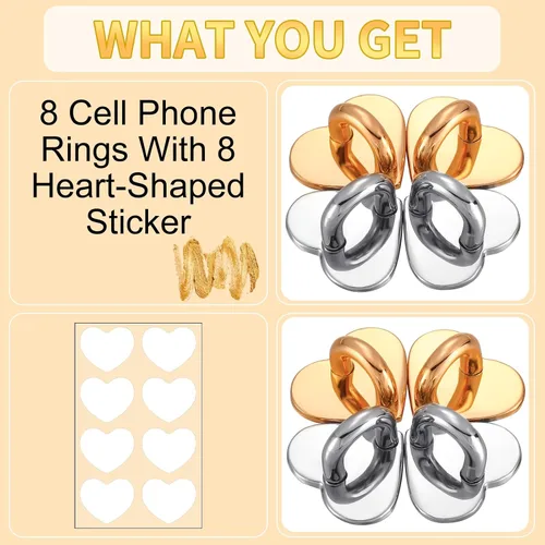 Miniatura 3 de Moxweyeni 8 Piezas Anillo de Dedo para Teléfono Celular Adhesivo Metal Soporte de Agarre con Lazo Soporte Charm en Forma de Corazón Gancho