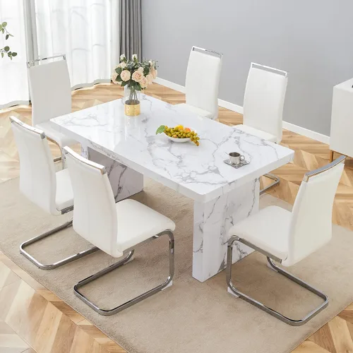 Miniatura 22 de gopop Mesa de comedor de mármol de 63 pulgadas, tablero de mesa de comedor MDF con patrón de mármol y base para cocina y comedor.