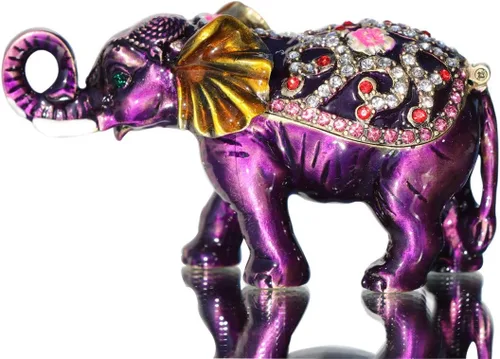 Waltz&F Caja de baratija con bisagras de elefante morado con bisutería pintada a mano, figura de animal coleccionable